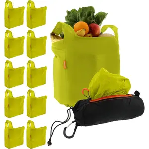 Grocery Bags, Made From Ripstop Nylon Hold 50lbs, Foldable Shopping Bags in Compact Pod with Carry Clip, 10 Pack in Green