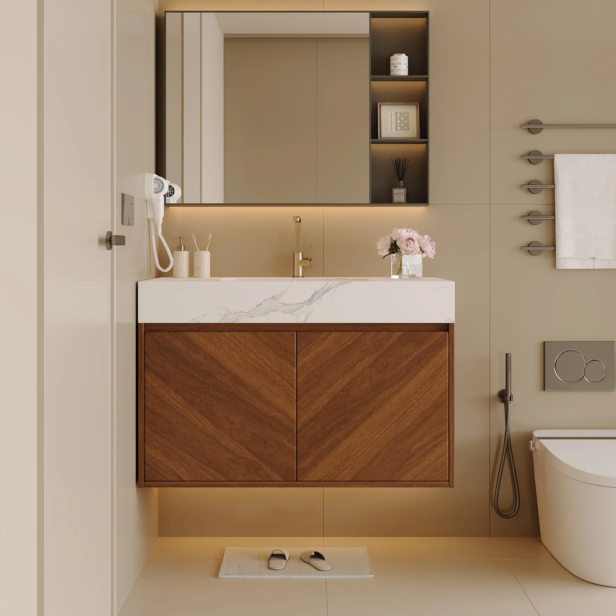 Nokaa Easy Install Wall-Mounted Bathroom Vanity Cabinet (30" W), Brown Oak Finish with Sintered Stone Countertop, Ceramic Sink, Soft-Close Doors, Floating Storage, Walnut/White Options, 29.9"L x 18.1"W x 19.7"H for Small Bathrooms, Powder Rooms, Easy Inst