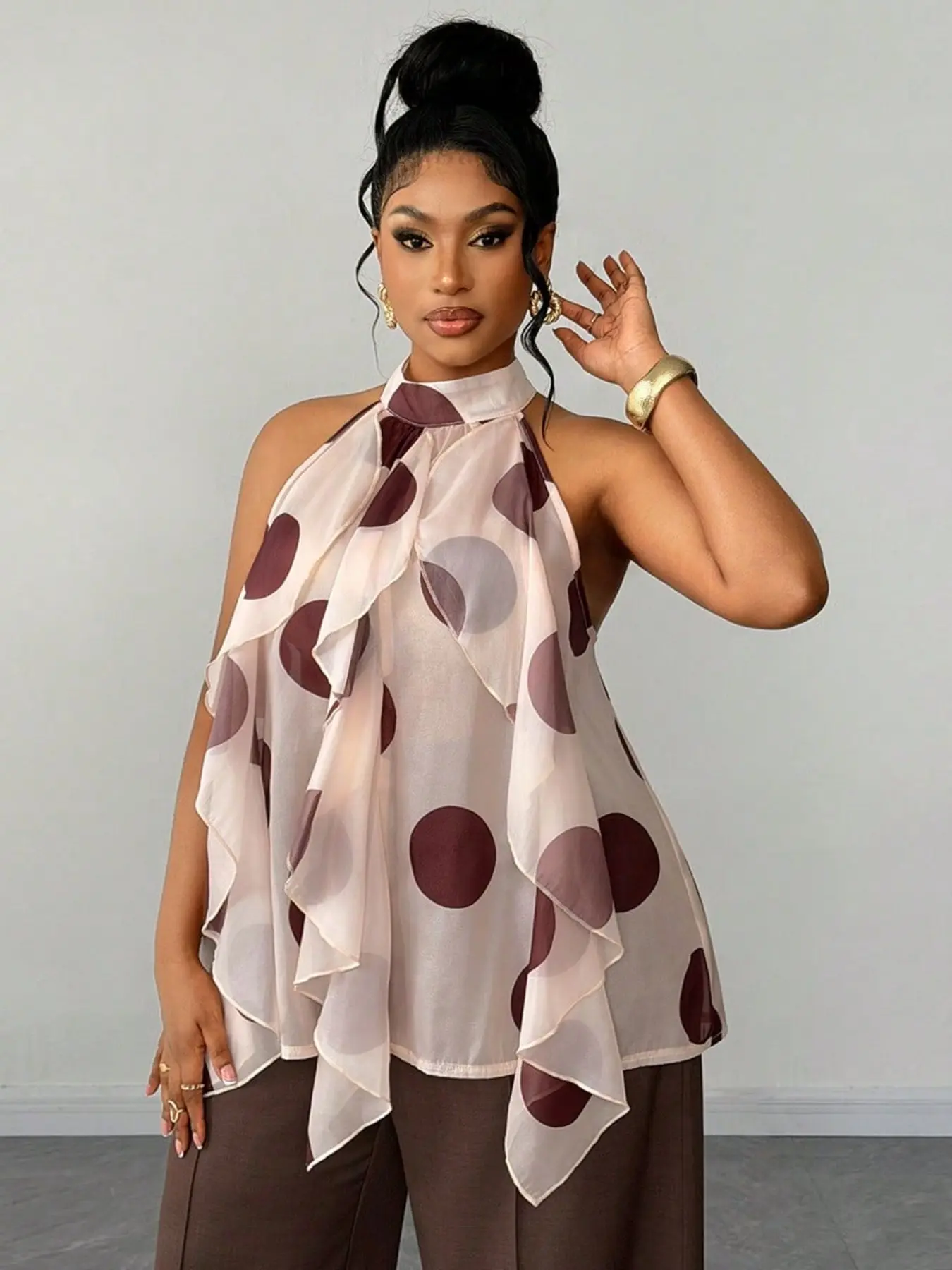 Plus Size Women's Polka Dot Choker Blouses, Lightweight Flowy Ruffle Sleeveless Design, Pair with Suit Pants, Wide Leg Pants, Jeans, Casual Wear