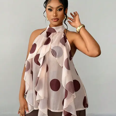 Plus Size Women's Polka Dot Choker Blouses, Lightweight Flowy Ruffle Sleeveless Design, Fashion Casual Wear, Pair with Suit Pants, Wide Leg Pants, Jeans, Casual Wear