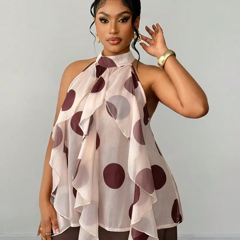 Plus Size Women's Polka Dot Choker Blouses, Lightweight Flowy Ruffle Sleeveless Design, Fashion Casual Wear, Pair with Suit Pants, Wide Leg Pants, Jeans, Casual Wear