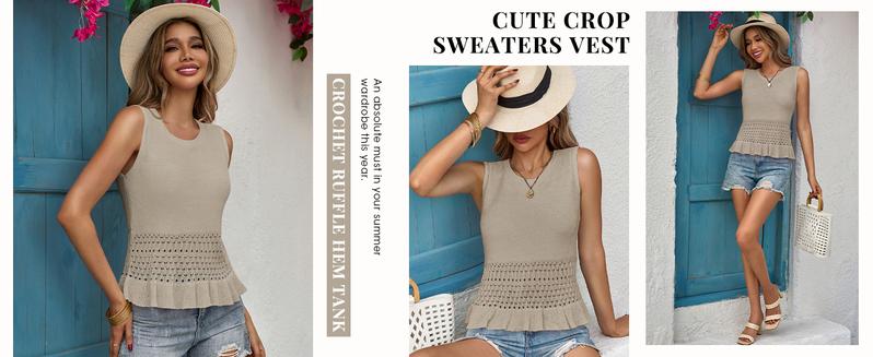 Saodimallsu Womens Crochet Crop Tank Tops Sleeveless Crew Neck Ruffle Summer Boho Knit Sweater Vest