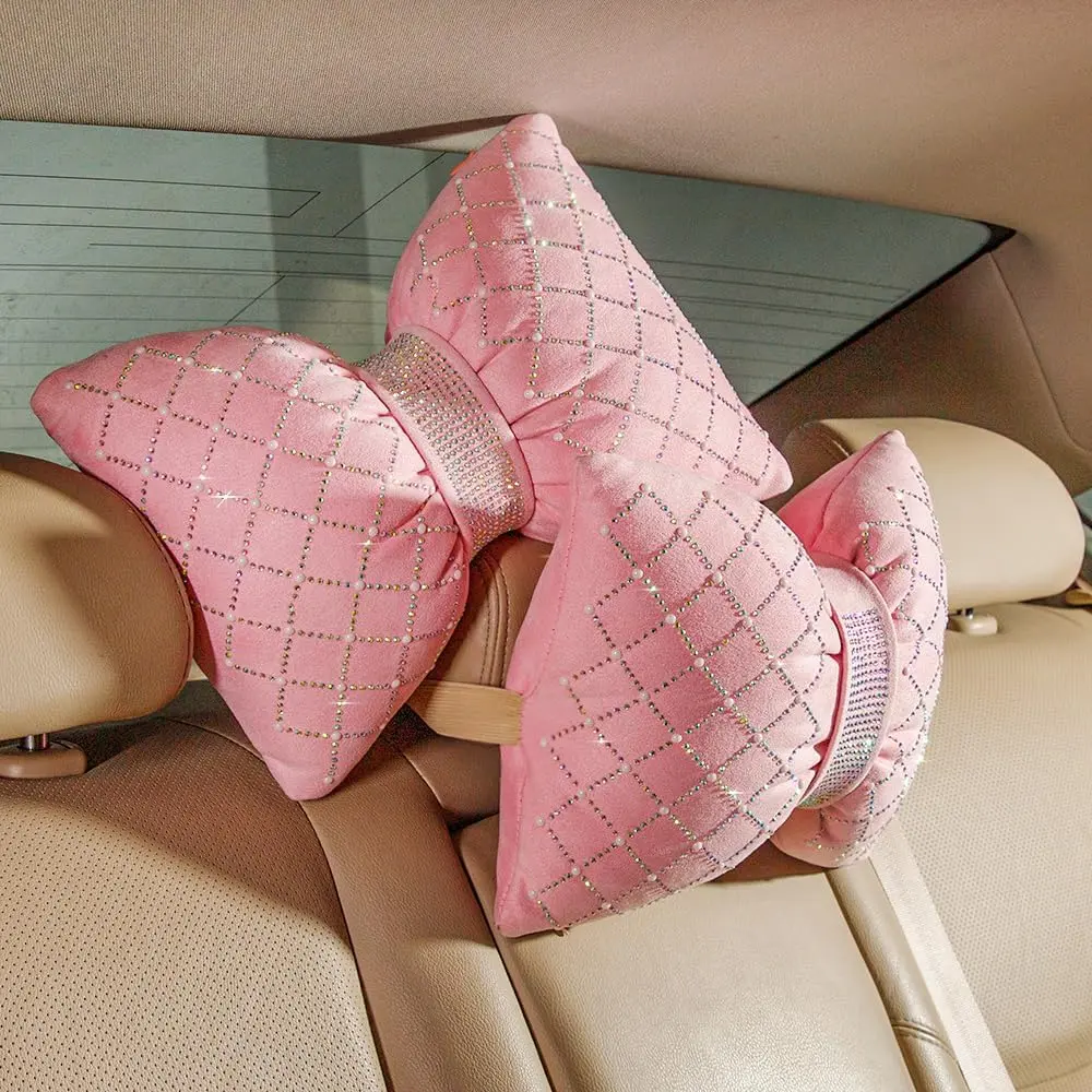 Headrest Pillow  Sparkly Bling Rhinestone Accessories for Women Bow Seat  Support Pillow for Travel Driver Chair  Rest 2 count