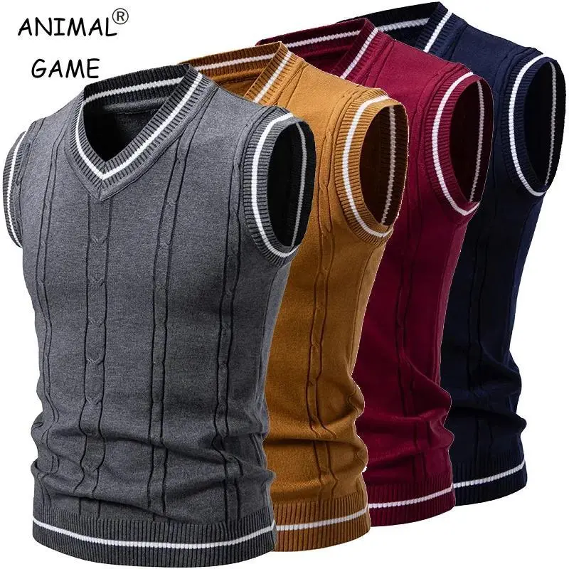 Men's V-Neck Sweater Vest, Slim-Fitting Patchwork Polyester Knit for Athletic Smart Casual Streetwear, Machine Washable, M, Normal Type, Sleeveless, Elegant, Tops, Knitted, All Season, Athleisure Vests