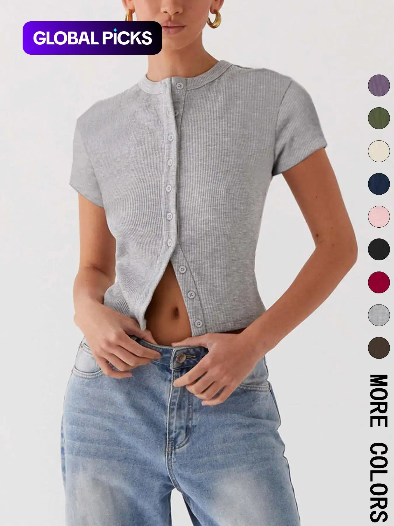 Women's Plain Basic Button Front Ribbed Comfortable Fabric Tee, Casual Slim-fit Short Sleeve T-shirt for Everyday Daily Wear, Ladies Clothes for All Seasons, Cute Tops, Womenswear #GLOBAL PICKS