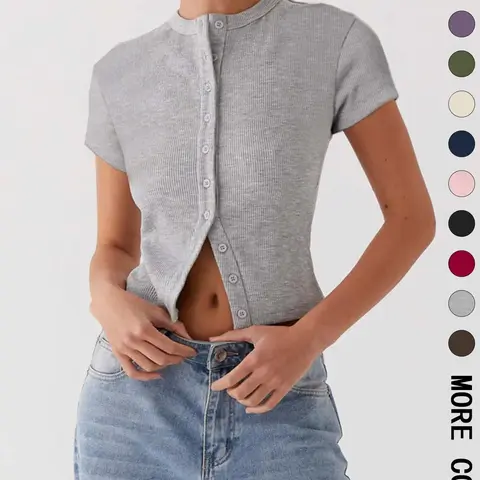 Women's Plain Basic Button Front Ribbed Comfortable Tee, Casual Slim-fit Short Sleeve T-shirt for Everyday Daily Wear, Daily Wear Shirts, Ladies Clothes for All Seasons, Cute Tops, Womenswear #GLOBAL PICKS