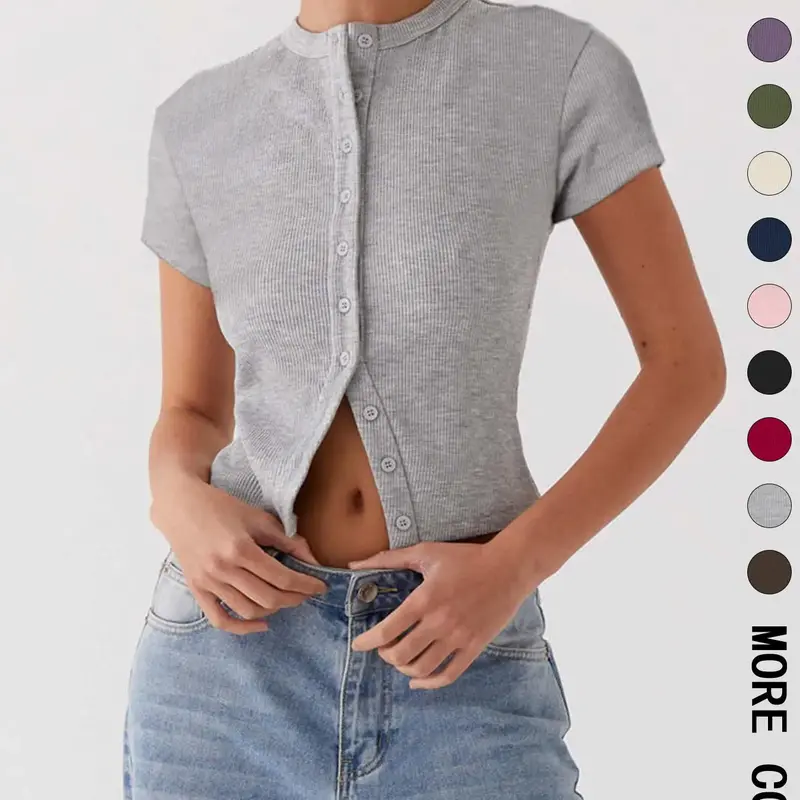 Women's Plain Basic Button Front Ribbed Comfortable Tee, Casual Slim-fit Short Sleeve T-shirt for Everyday Daily Wear, Daily Wear Shirts, Ladies Clothes for All Seasons, Cute Tops, Womenswear #GLOBAL PICKS