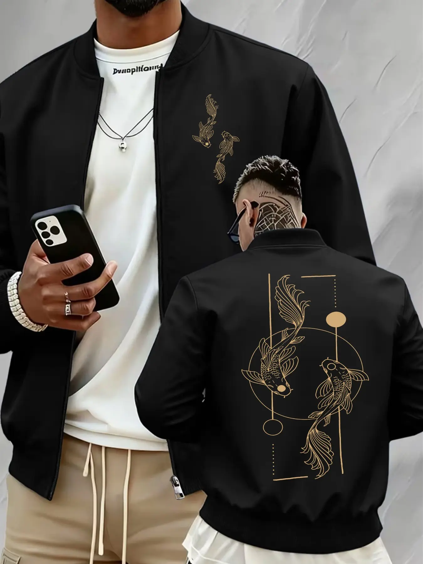 Men's Geometric Koi Print Zipper Baseball Collar Pilot Jacket, Stand Collar Loose Fit Windbreaker, Casual Streetwear for Daily Outing