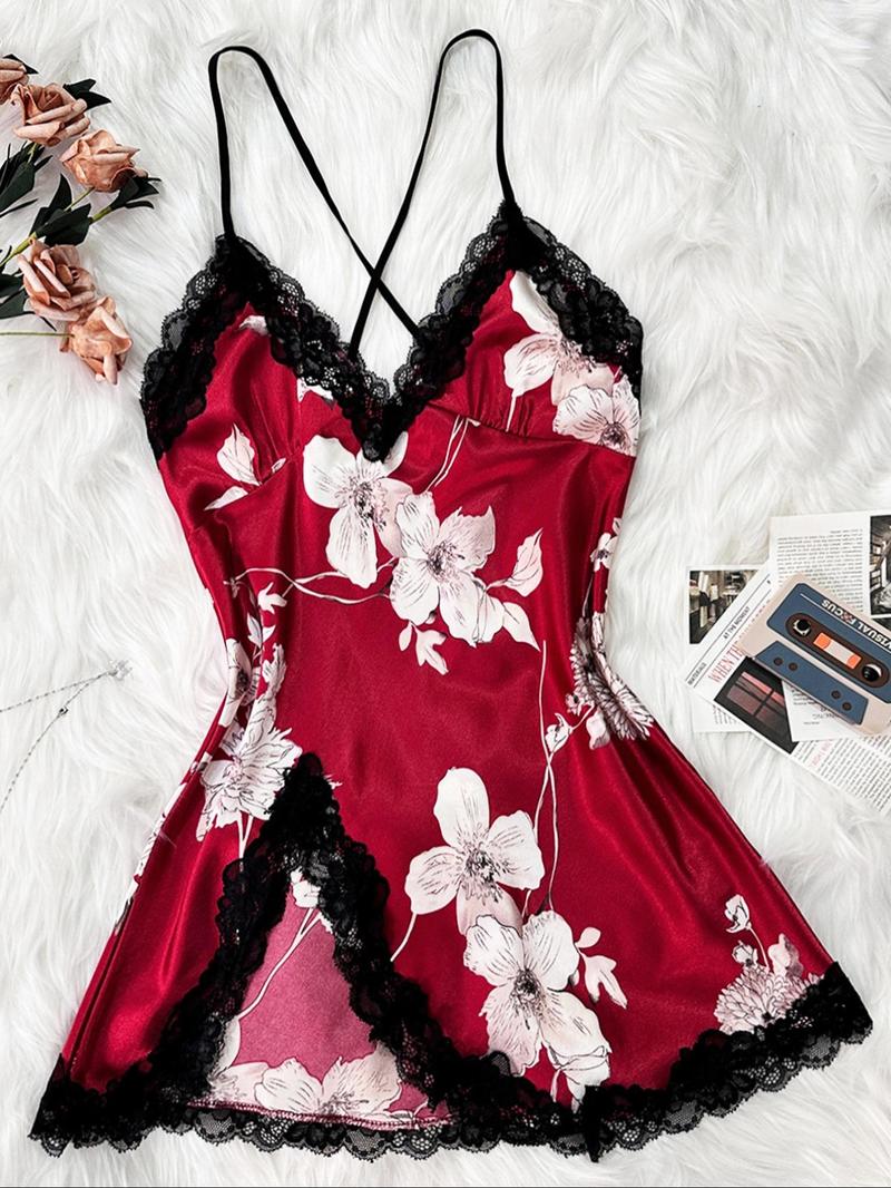 Valentine's Day Women's Contrast Lace Criss Cross Bow Back Satin Cami Nightdress, Elegant Spaghetti Strap Split Hem Backless Nightgown, Gift for Her, Dresses for Women, Women's Summer Sleepwear