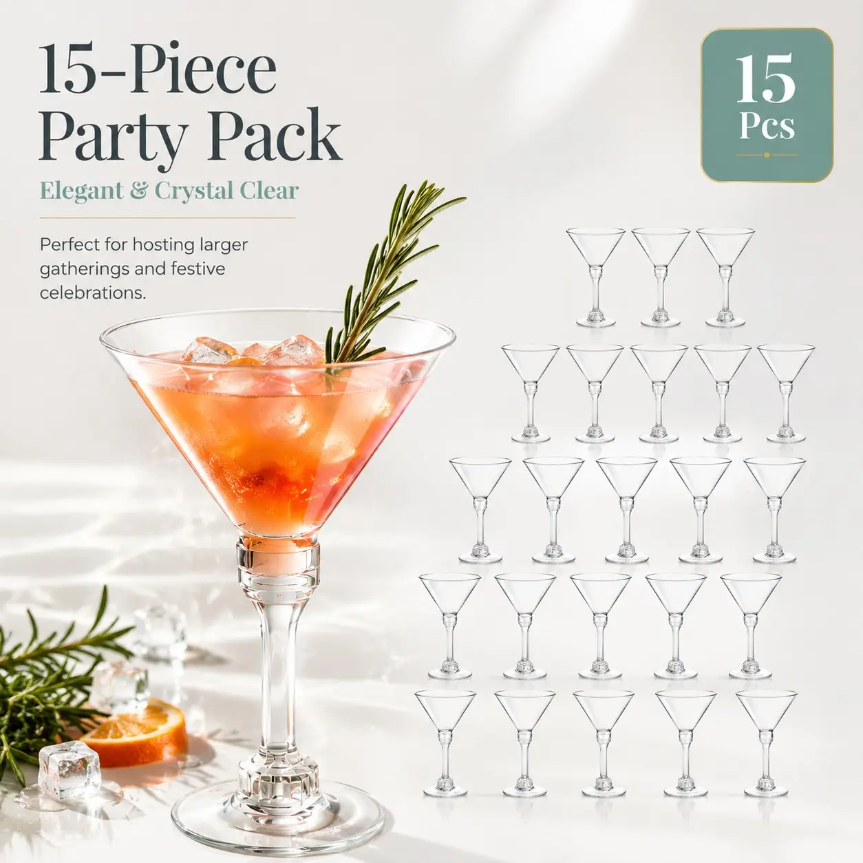15 Pcs Clear Martini Glasses Set, Elegant Cocktail Cups for Parties, Margarita, Metropolis, Manhattan Mixology, Bar Wedding Festival Drinkware