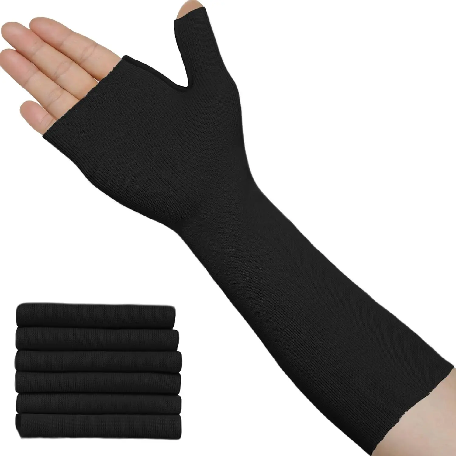 Women's Skin-Friendly Hand Socks (Pack of 6, Medium, Black) - Snug Fit Wrist & Thumb Spica Wrap Liner, Protective Wrap for Under Brace, Arm Cast Cover Stockinette Sleeve for Men