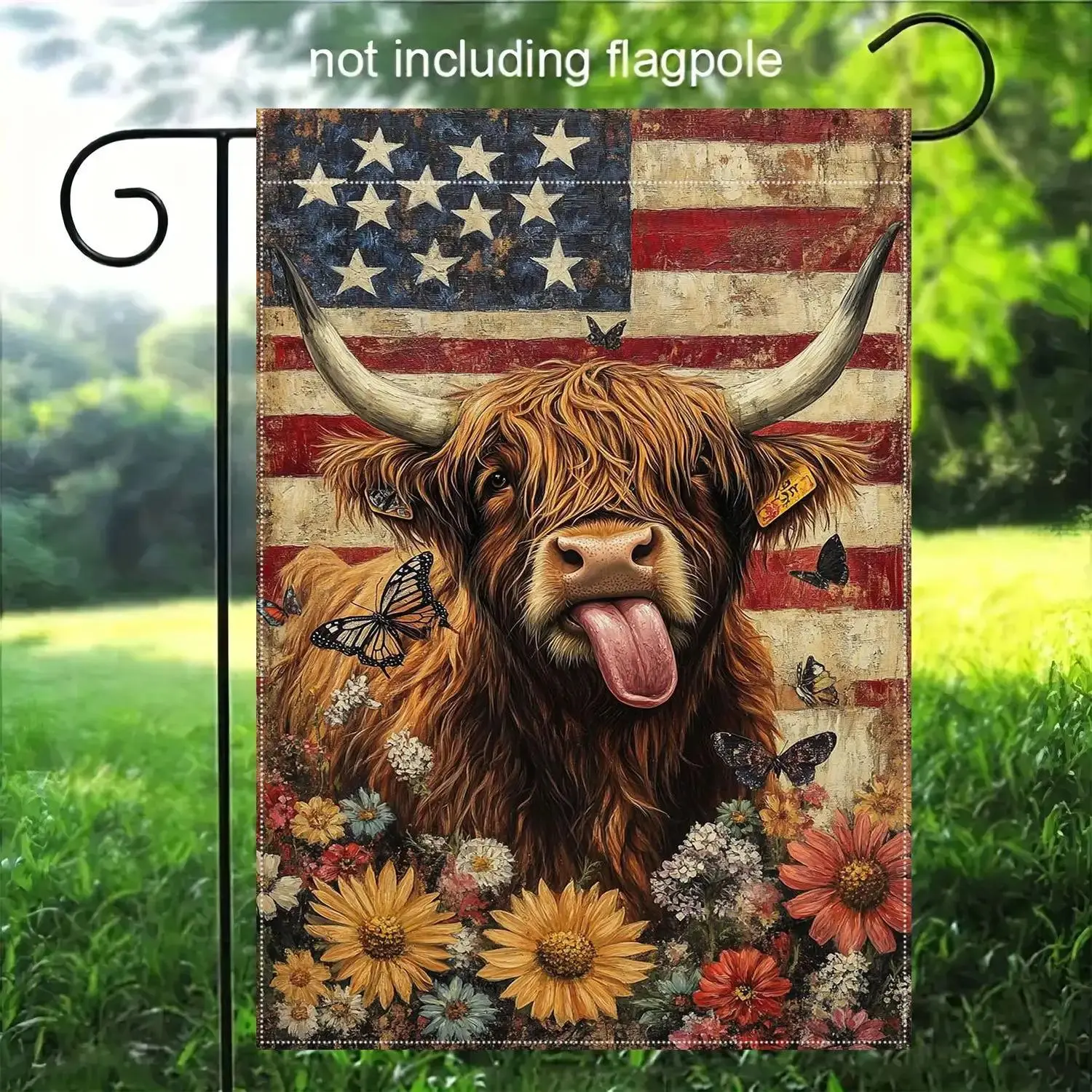 Highland Cow Garden Flag, Featuring Patriotic American Flag Design with Floral and Butterfly Details, Perfect for Valentine's Day, Easter, and Autumn Harvest Decorations, Cow Themed Decoration