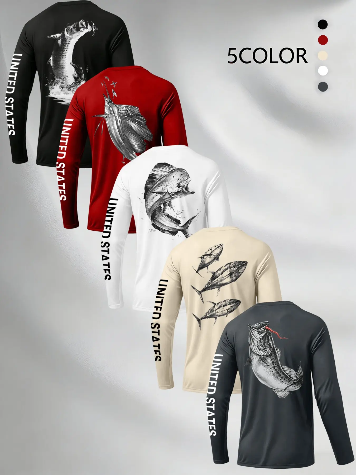 Men's Classic American Outdoor Long Sleeve T-Shirt 5-Pack, Fish Print, Spring & Fall Wear, Casual Fitted Design, Ideal for Fishing Enthusiasts