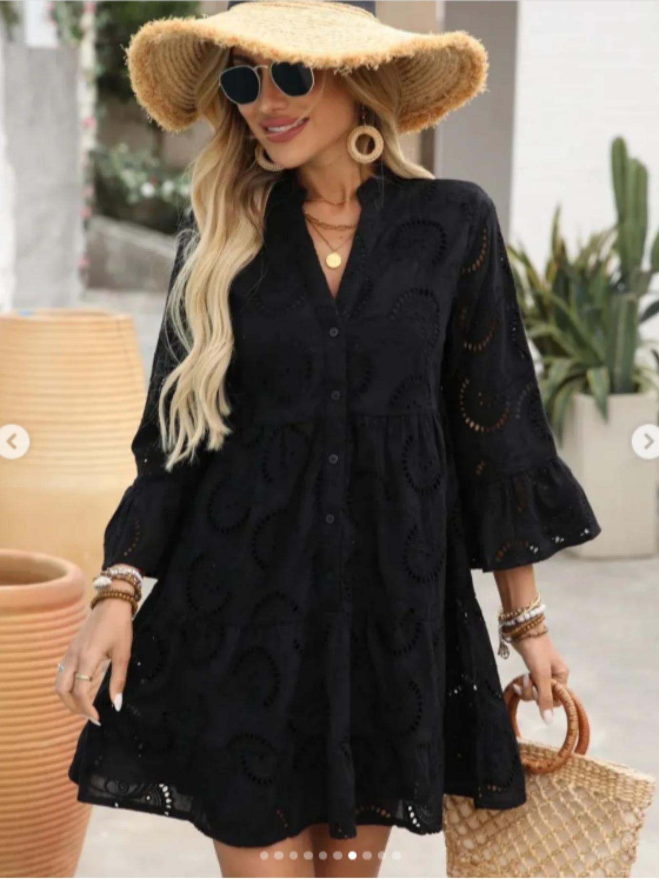 Women's Plain Eyelet Embroidery Notched Neck Long Sleeve Smock Dress, Elegant Flounce Sleeve Button Dress for Vacation Holiday, Women's Clothes for All Seasons, Casual Wear