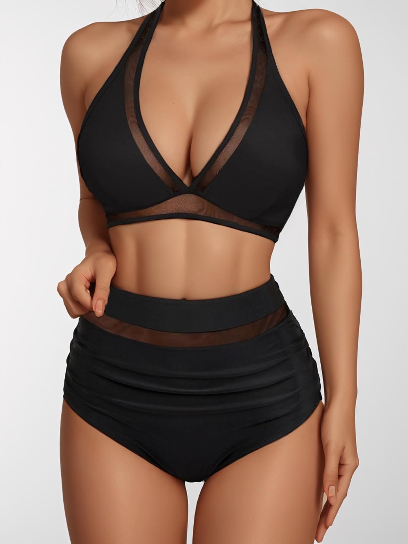 Women's Solid Color Sheer Contrast Mesh Bikini Set, Halter Neck Tie Back Bikini Top & Ruched Swim Knicker Swimsuit Set, Summer Outfits 2024, Swimwear for Summer Beach, Valentine's Day Gift, Swimsuit Style Bikini