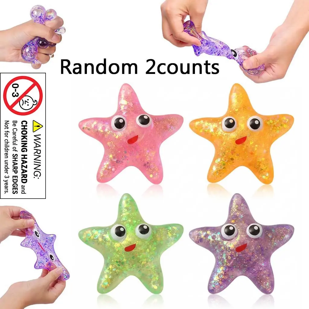 2 Counts Squishy Starfish Sugar Stress Balls, Squeeze Fidget Toys for Girls & Boys, Cute Anxiety Relief, Kids & Adults, Birthday Party Favors