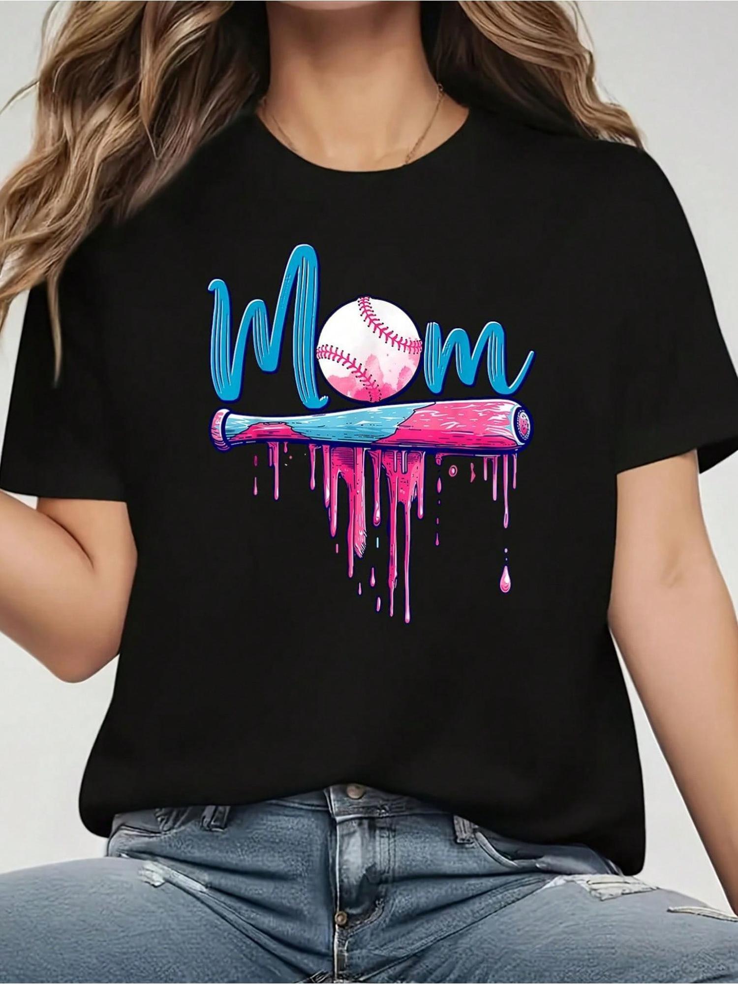 Cotton Short Sleeve T-Shirt Baseball Mom Graphic T-Shirt - 100% Casual Crew Neck with Baseball Bat & Pink Drip Design for Sports Moms Graphic tees, washed shirt, hoodie and sweatshirt