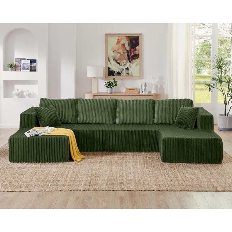 U shape Modular Sectional Sofa, Compressed Sectional Sofa Modern Minimalist Style Corduroy Couch, Sleeper Sofa for Living Room, Bedroom, Comfy Compressed Sofa Couch Space-Efficient Design-green    RR