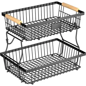 Black 2-Tier Metal Kitchen Counter Organiser with 2 Banana Hangers, Wooden-Handle Bread Basket, Large Storage Stand for Vegetables, Snacks