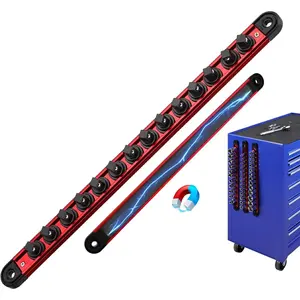 3/8-Inch Magnetic Aluminum Alloy Socket Organizer Rail, Heavy Duty Sockets Holder with 14 Clips, 360° Swivel Clip Tool Tray for Tool Box Drawer (Red)