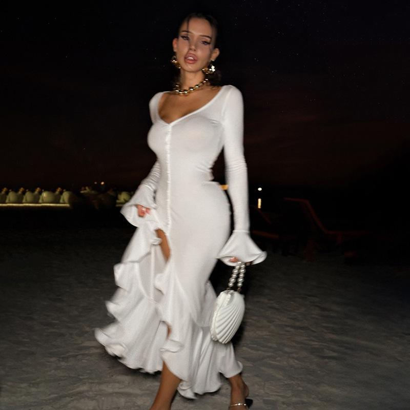 New Fashion V-neck Bell-sleeve Ruffle Dress with Hanging Decor Ornaments for Stylish Outfits and Hangable Decoration