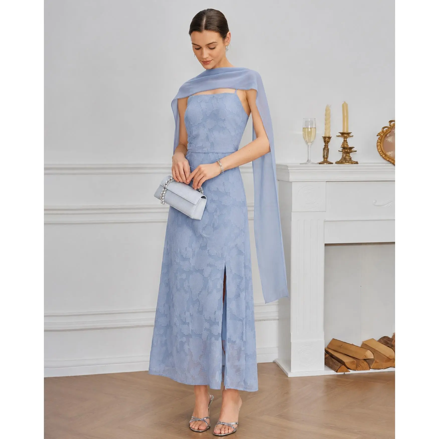 Blue Square Neck Jacquard Slit Maxi Dress