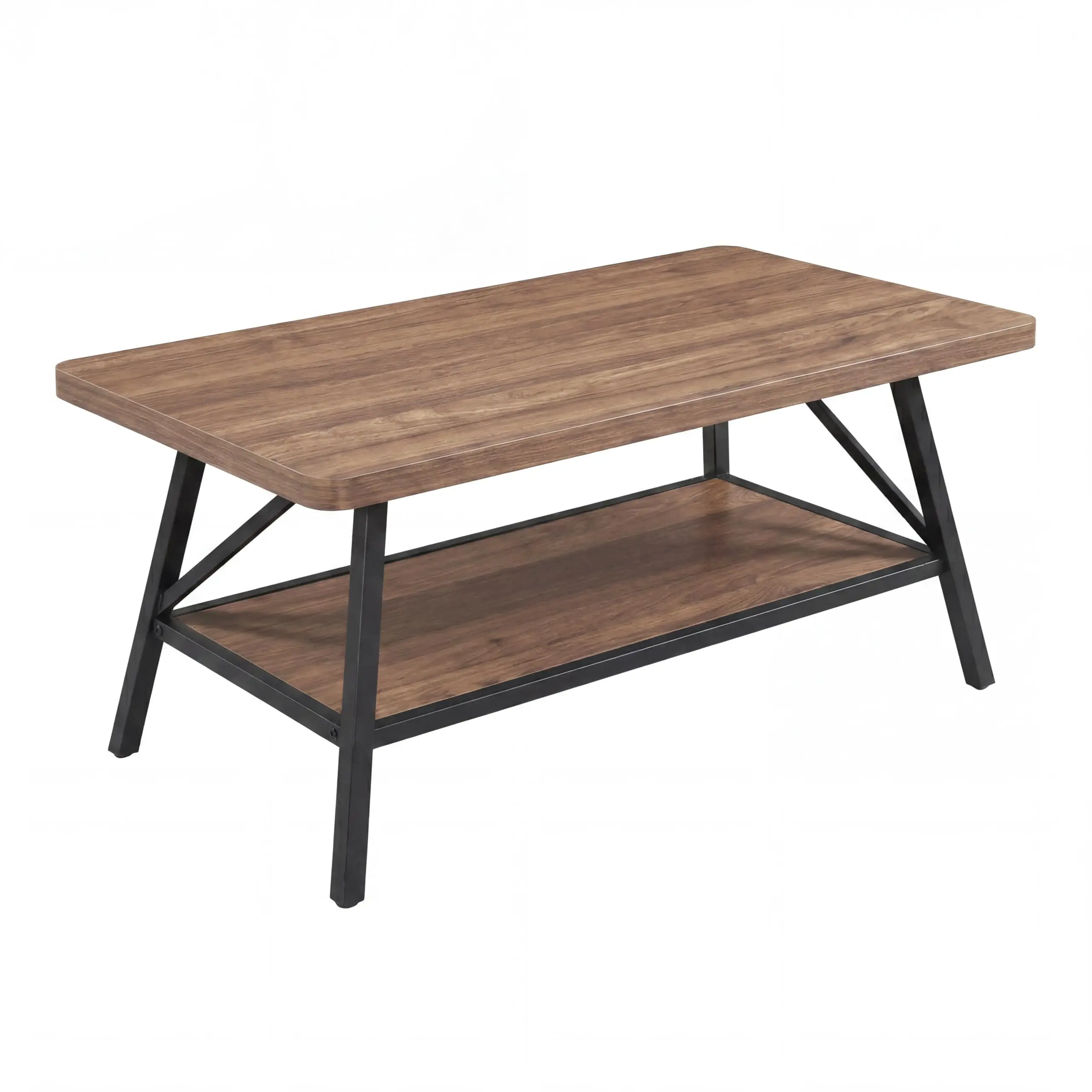 Modern Coffee Table 39 Inch 2-Tier Wood and Metal Center Table for Living Room Apartment Minimalist Tea Table with Safety Rounded Edges