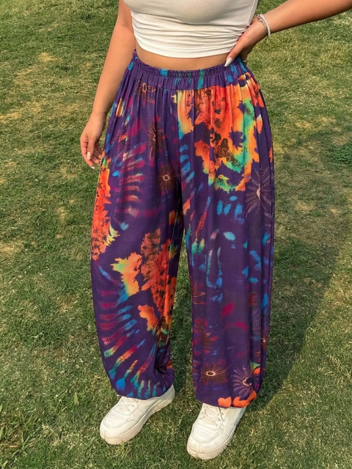 Plus Size Women's Summer Tie-Dye Boho Baggy Lantern Pants, High Waist Elastic Loose Fit Casual Pants, Street Style Wide Leg Trousers