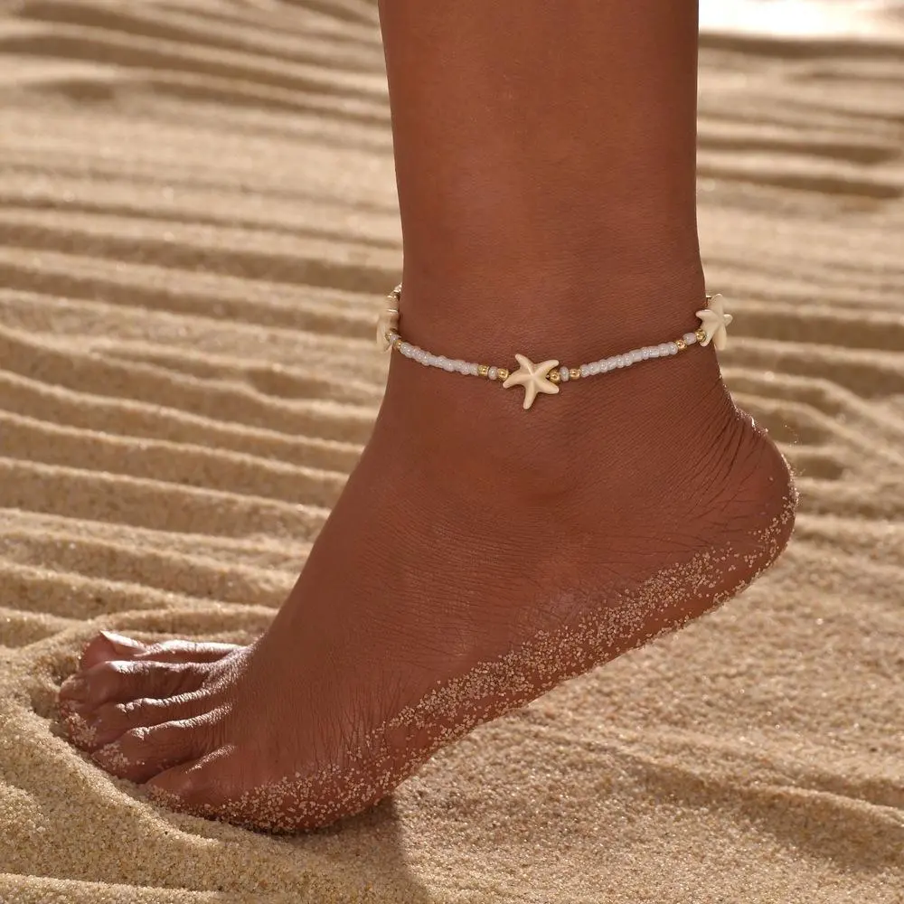 Women's Adjustable Alloy Metal Bead Art Anklets - Rope Back Chain, Starfish Motif Ankle Bracelet for Birthday, Anniversary, Nautical Romance Gifting to Mothers, Casual Costume Jewelry Accessories