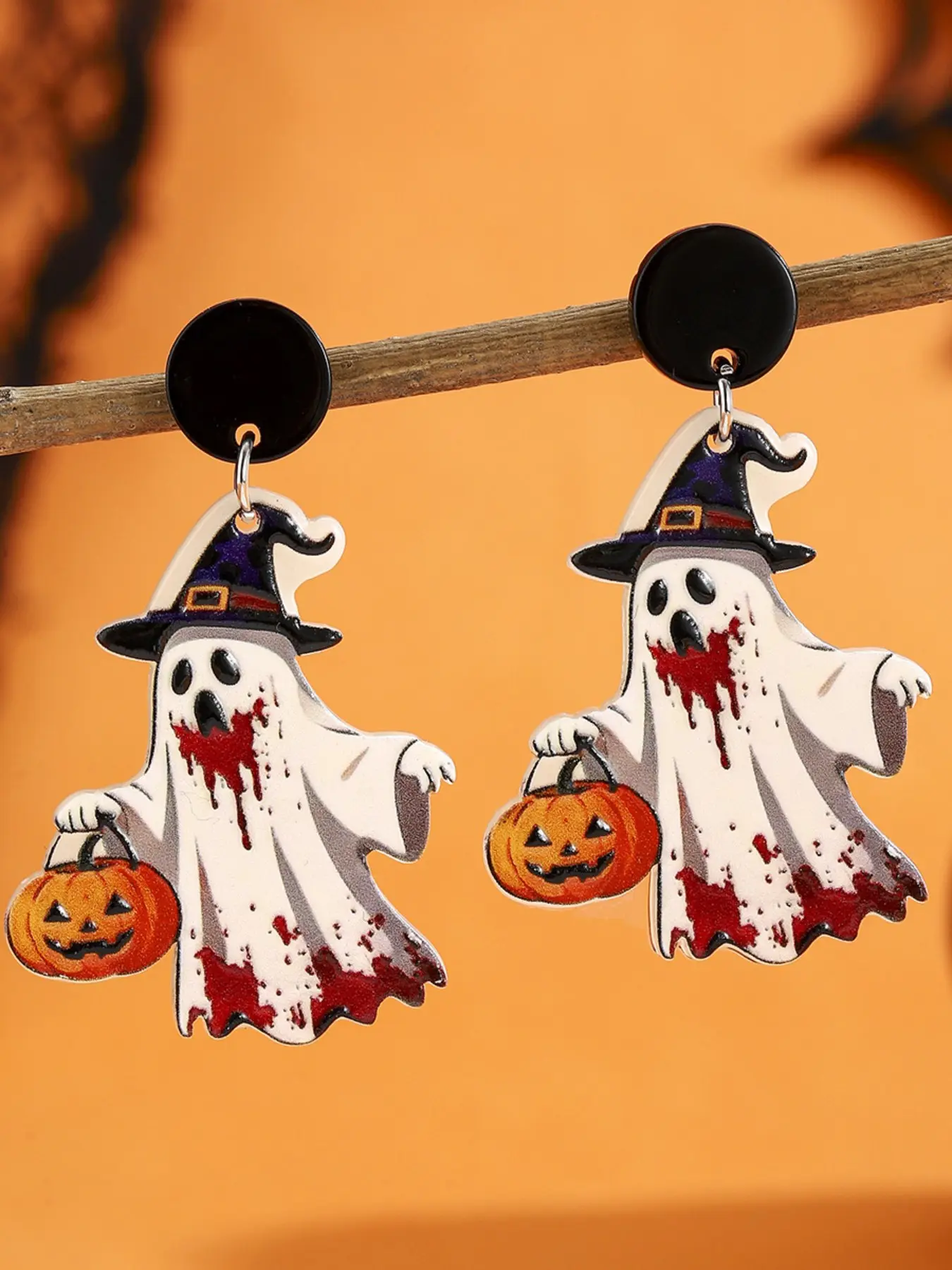 2pcs Halloween Gothic Witch Hat Dangle Earrings, Pumpkin Basket Ghost Earrings, Festival Party Jewelry