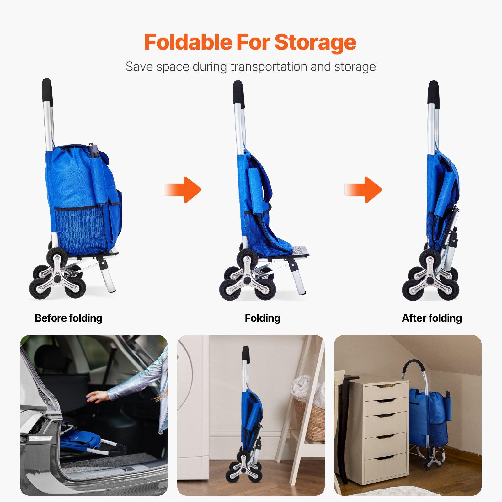 【Summerfinds】VEVOR Carbon Steel Stair Climber Trolley Dolly, 36L Foldable Compact Shopping Cart with 6 Wheels & Oxford Cloth Bag, Portable Transportation Cart with Storage Bin