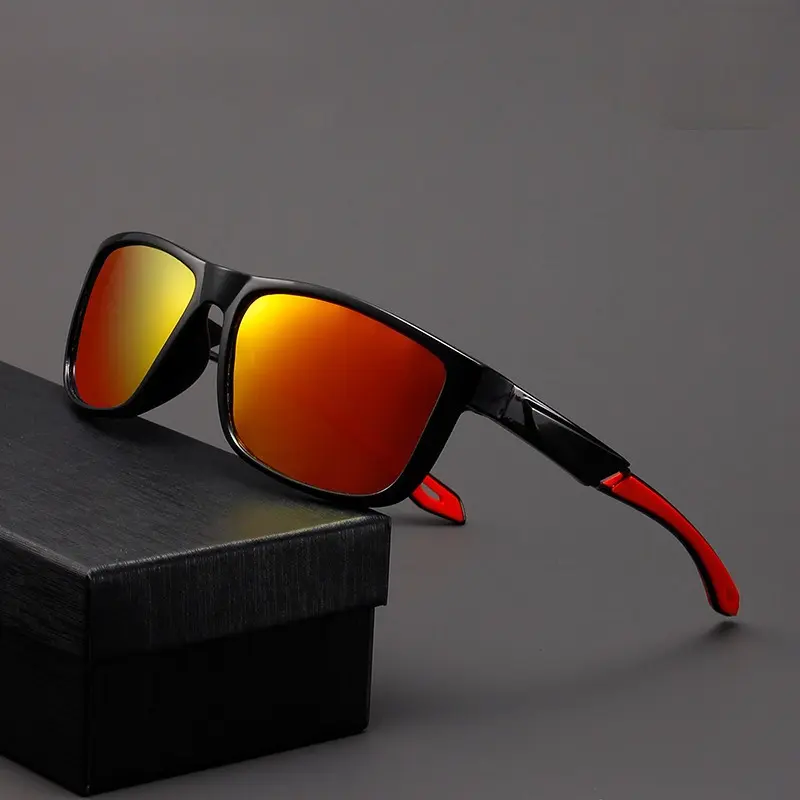 XUH Polarized Square Sport Sunglasses for Adults - Black Frame, Red Temples, Mirrored Lenses, Lightweight Eyewear for Driving, Cycling, Black Frame With Red Temples & Mirrored Lenses, Outdoor
