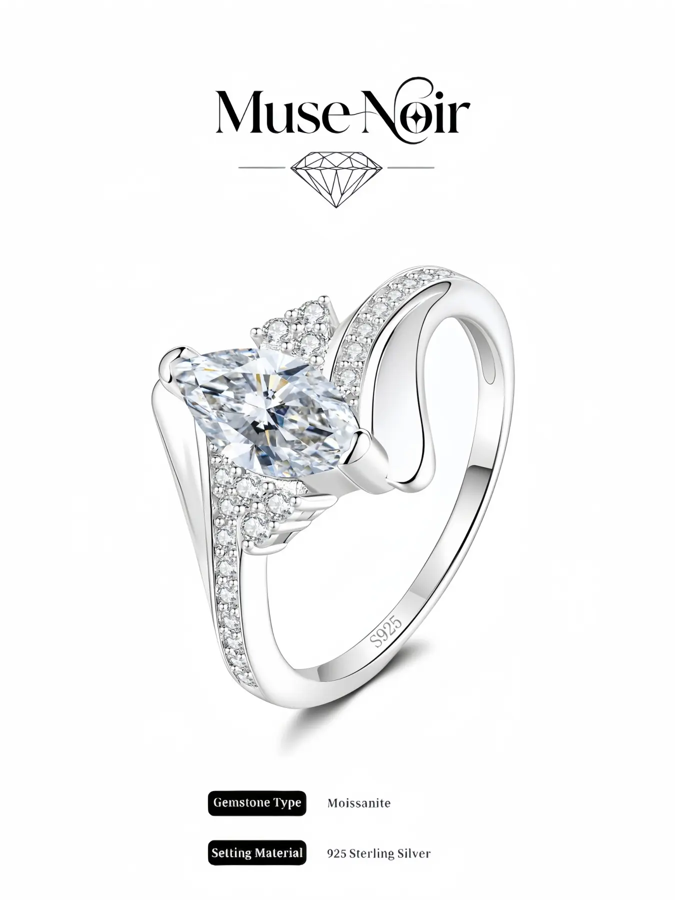 S925 Sterling Silver Starry Eyes Marquise Crown Engagement Ring Adjustable ring embedded with 1ct D-color lab-grown moissanite. Perfect jewelry gift for birthdays, wedding anniversaries and Christmas.