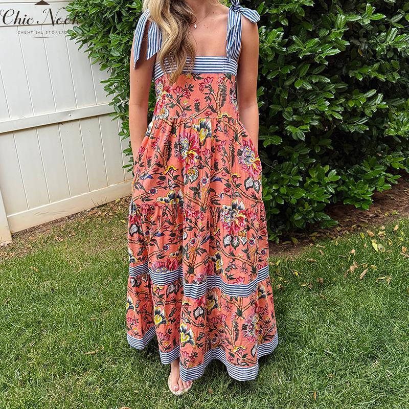 Women Summer Maxi Dress with Pockets 2025 Spaghetti Strap Sundress Casual Flowy Boho Dress Floral Tiered Beach Dress