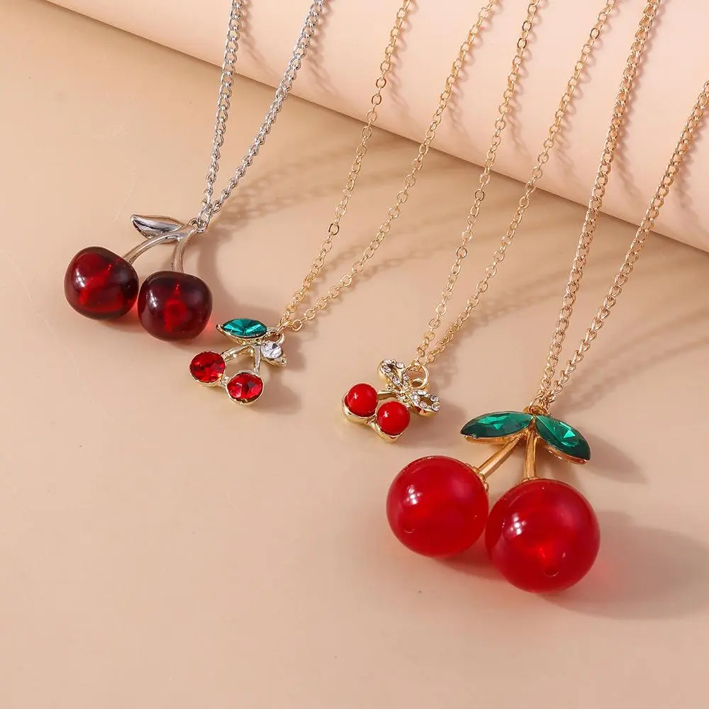Gold-Tone Cherry Fruit Necklace, Cute Crystal Metal Charm, Casual Lovely Jewelry for Women and Girls for Daily Wear, Chain Jewelry Necklaces, Crystal Charm, Metal Coating