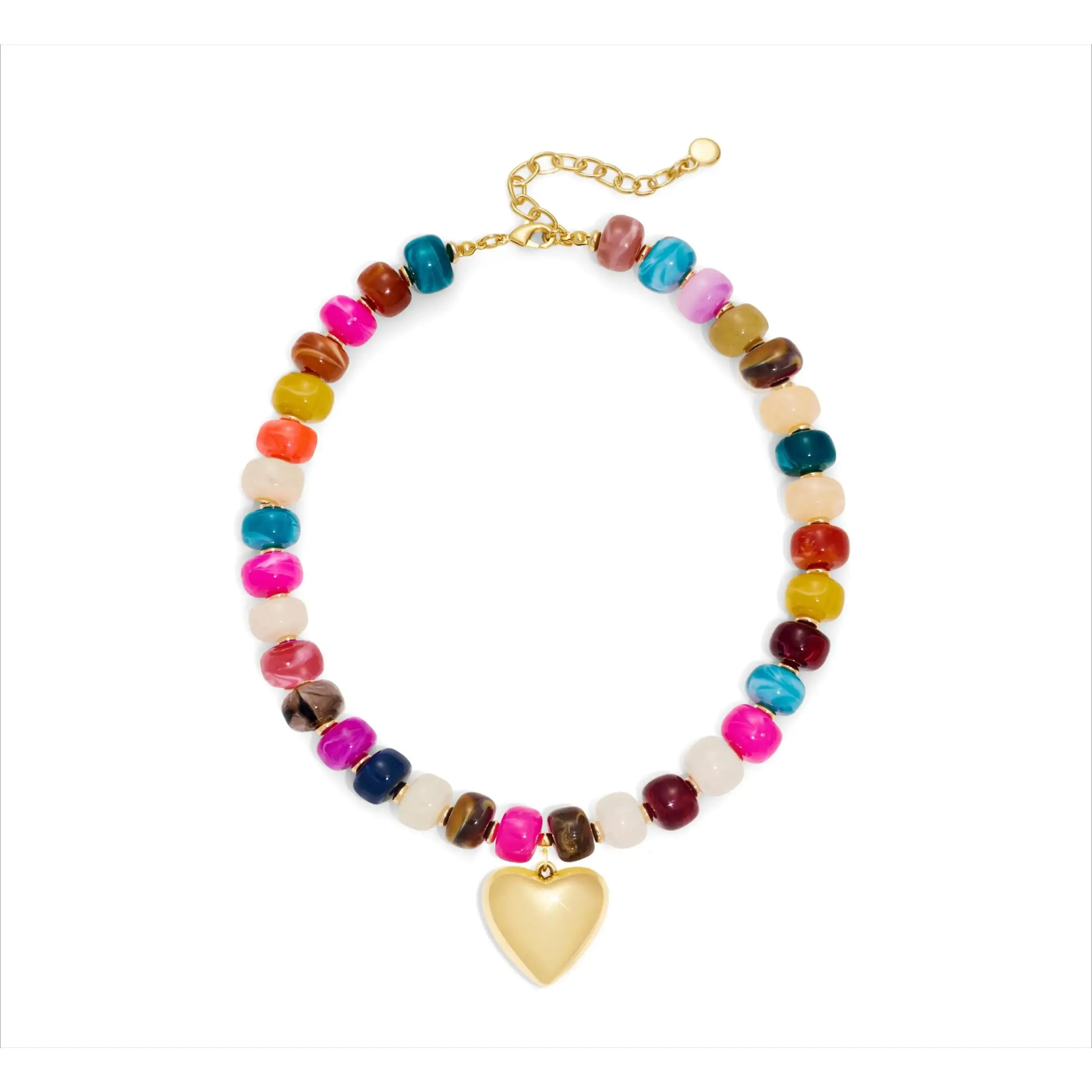 Colorful Beaded Necklace with Gold Heart Pendant for Women, Boho Y2K Aesthetic Statement Jewelry, Trendy Beach Vacation Accessories, Lightweight Summer Necklace for Festival Resort Outfit Gift
