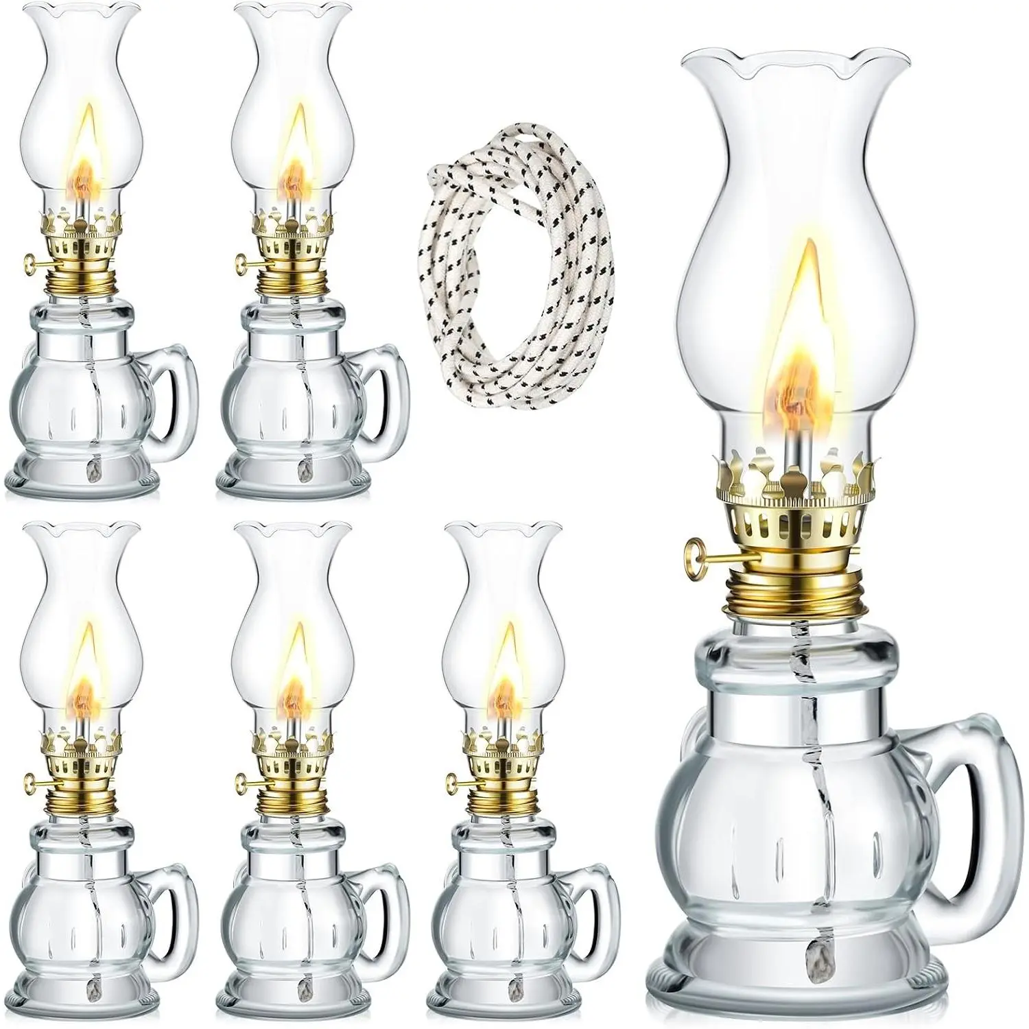 6 Set Vintage Glass Kerosene Lamp Rustic Oil Lamp Lantern Chamber Oil Clear Kerosene Hurricane with 6.6 ft Extra Wick for Indoor Use Lighting Decor Emergency (Trendy Style)
