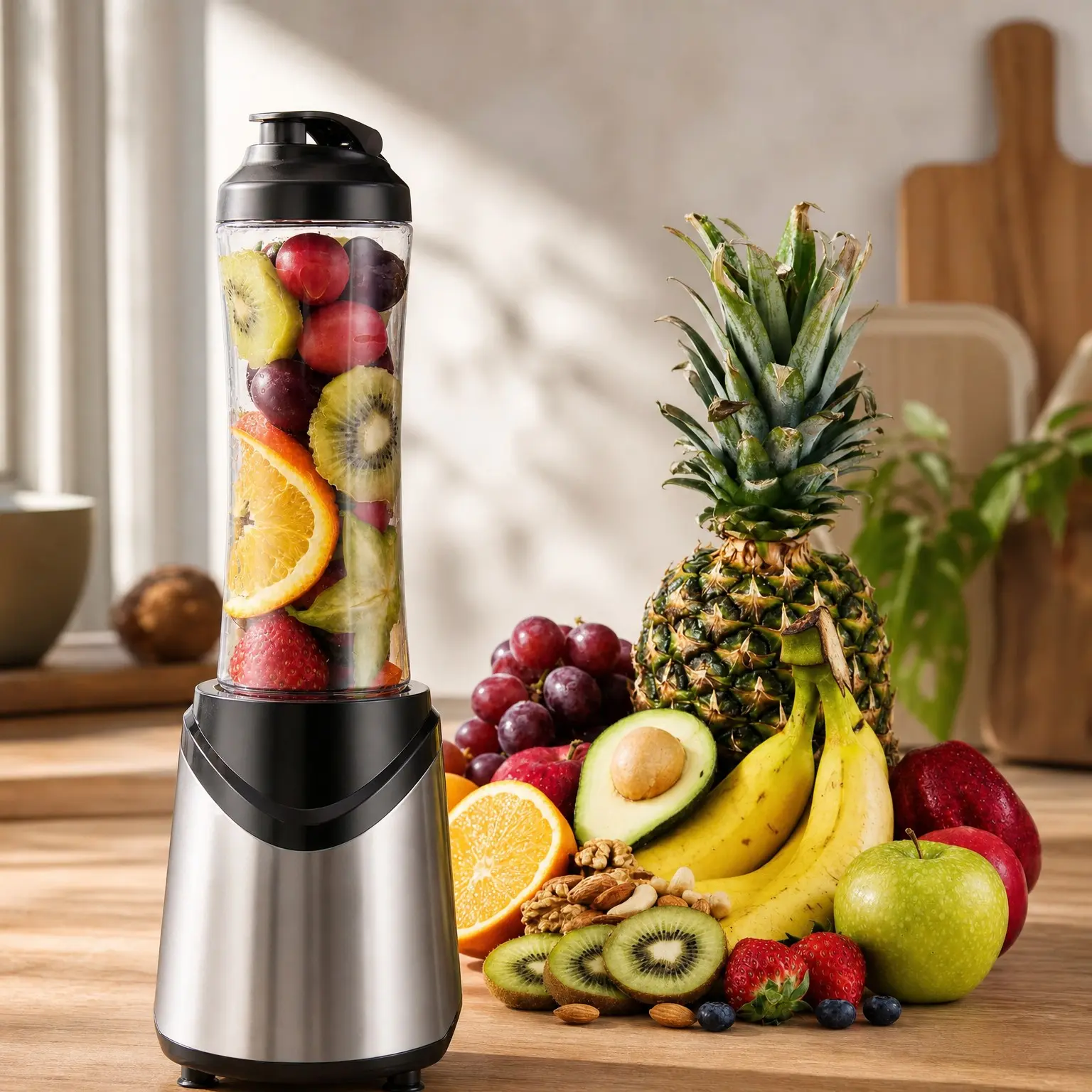 Personal Size Blender for Smoothies, 300 Watts with 18 oz BPA-Free Portable Travel Sports Bottle, SilverGift
