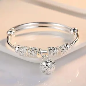 Sterling Silver hollow Bells ball bangles adjustable Bracelets for Women Fashion Holiday gifts Party wedding Jewelry