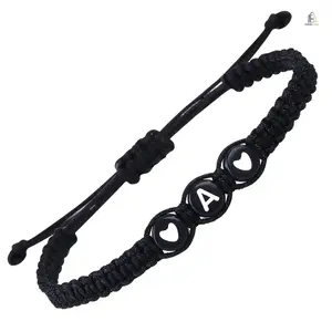Handmade Braided Bracelets, Black White Double Heart 26 Initial Letters, Couple Matching Adjustable Stackable, Fashion Jewelry for Women Men Teens, Daily Wear Gift