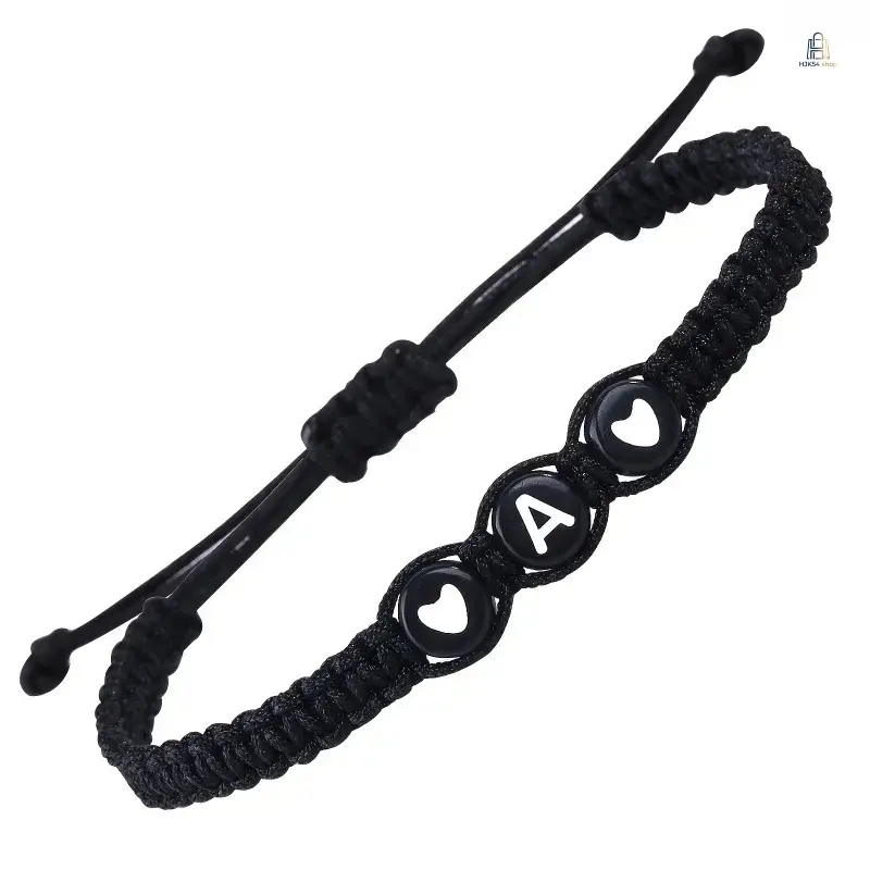 Handmade Acrylic Braided Bracelets - Black White Double Heart, 26 Initial Letters, Adjustable Stackable Couple Matching Fashion Jewelry for Women Teens, Daily Wear Gift, All Seasons