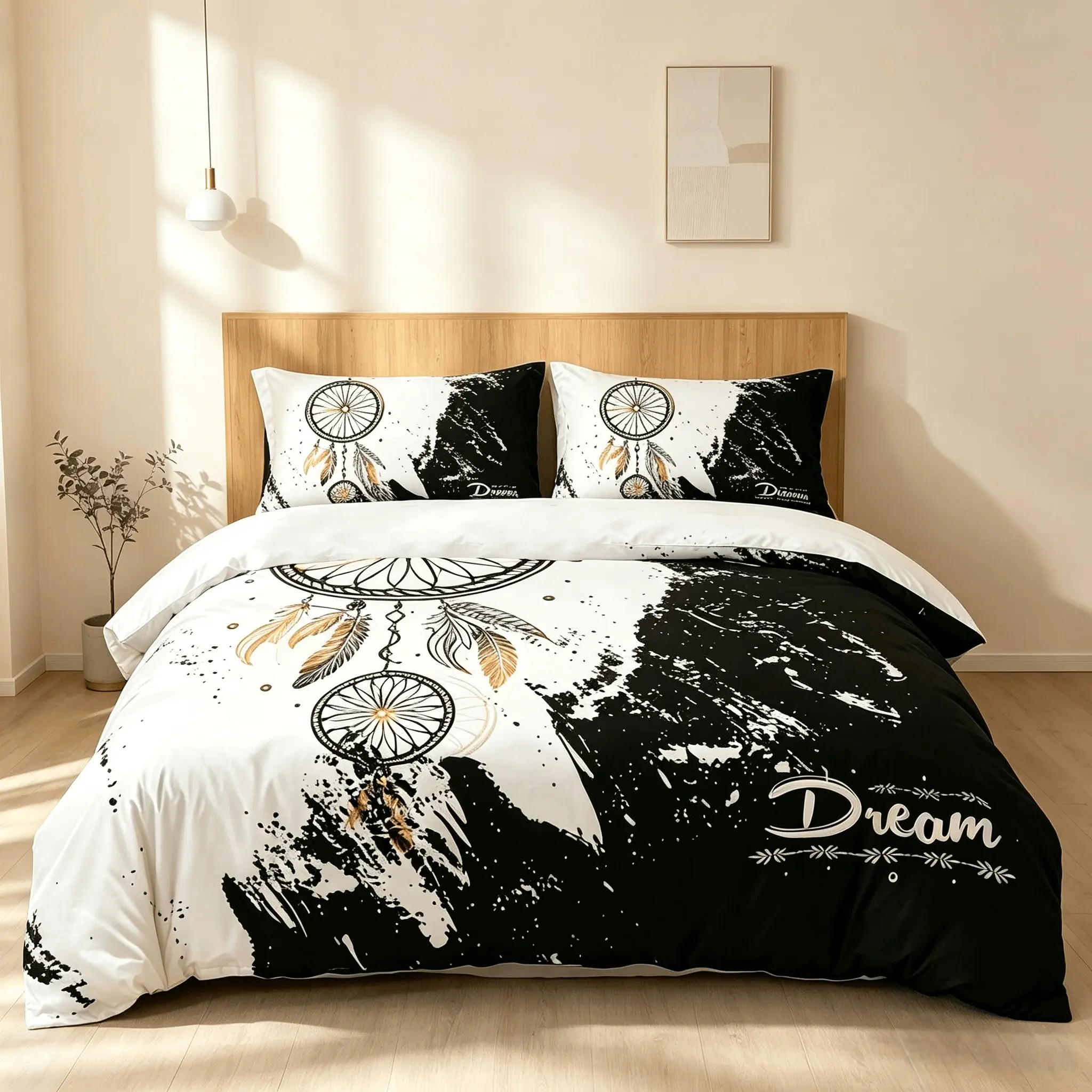 3-Piece Black & White Dreamcatcher Printed Duvet Cover Bedding Set, Soft Cozy Bed Linen with Pillowcases, Duvet & Pillow Inserts Not Included, Perfect for Bedroom & Guest Room