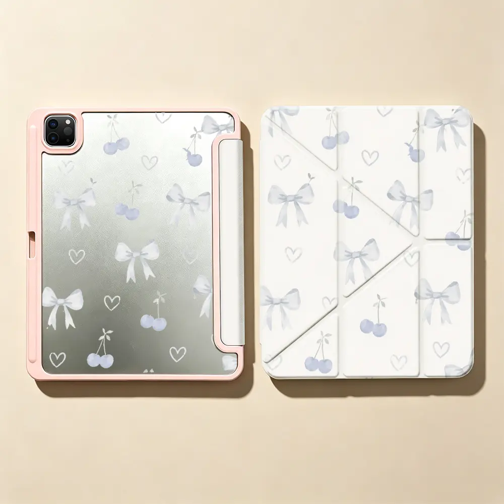 Yshaped Bowknot Cherry Heart Tablet Protective Case，Elegant Watercolor Aesthetic Style，Compatible With Apple ipad 10th generation/IPAD Pro 13 2024/pro 12.9 2022/pro 11 2022/IPAD Air1/2/3/4/5/6th，With Pencil holder，Sleep/Wake Support，Premium Present Idea