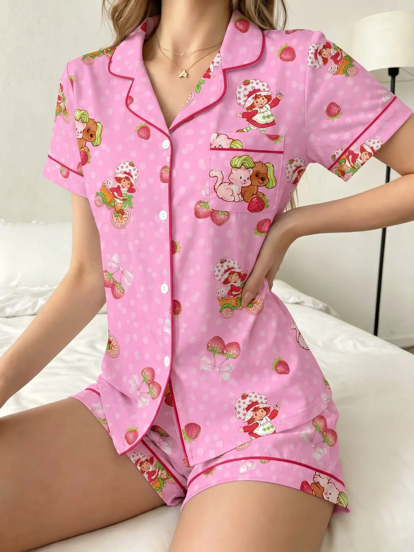 Women's Pajama Set, Strawberry Shortcake Pattern, Comfortable Nightwear, Soft Fabric, Casual Loose-Fitting, Daily Wear