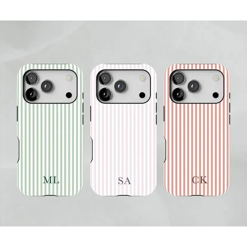 Luxury Custom Initial Blush Pink Striped Monogram Phone Case - Protective Cellphone Patterned Phone Shell, Birthday Personalized Gift for Her, Accessory for iPhone 16 Pro Max, Samsung S26, Customized
