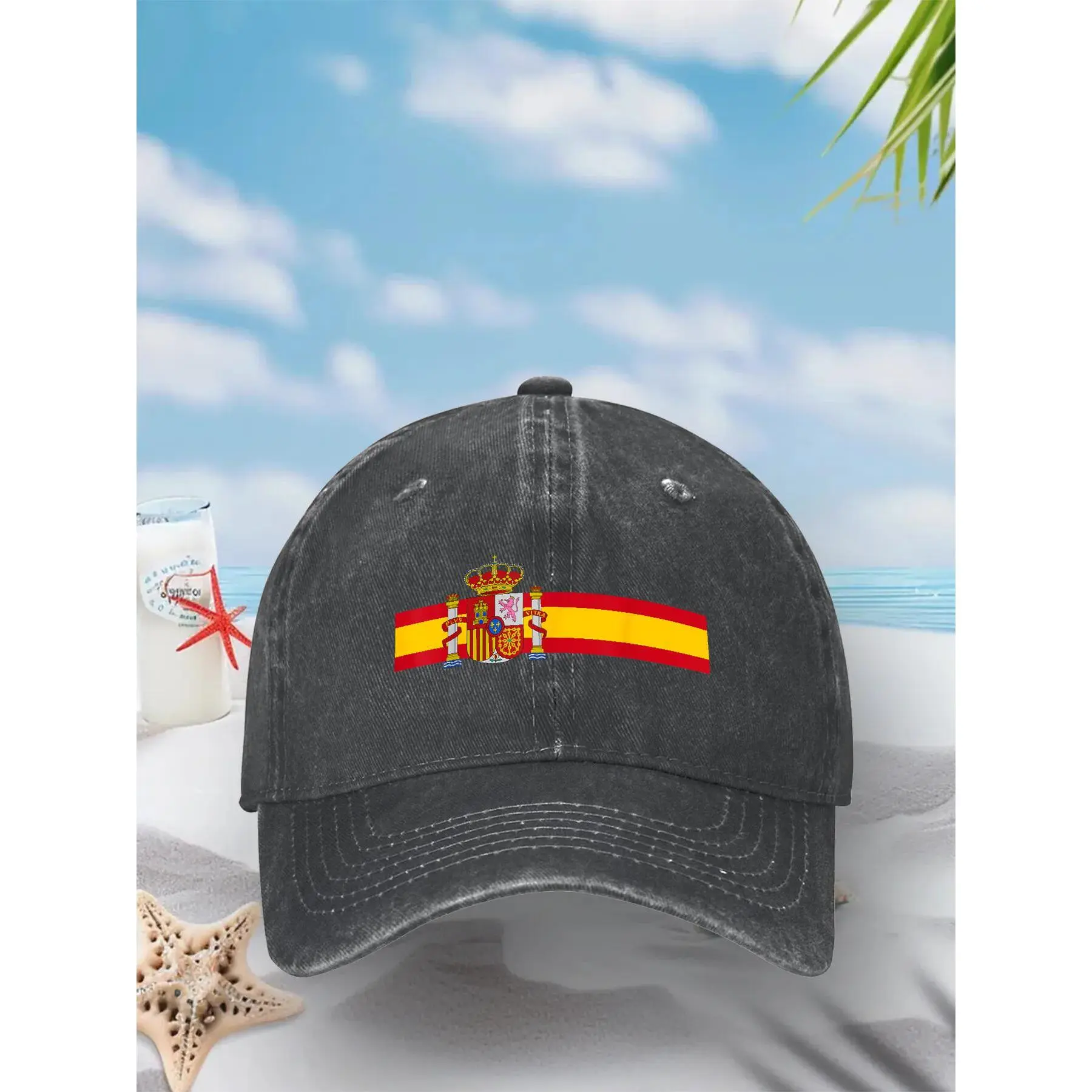 Unisex Cotton Spain National Flag Print Baseball Cap - Geometric Design, Soft Fabric, Casual Snapback for Madrid & Barcelona Enthusiasts