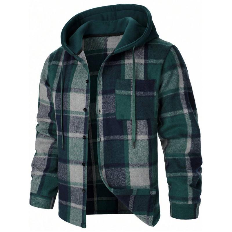 KZZ Men's Plaid Drawstring Hooded Casual Jacket Spring Fall New Arrival Grey Checkered Design Fashionable Comfortable Long Sleeve Sweatshirts with Pocket christmas gifts for him
