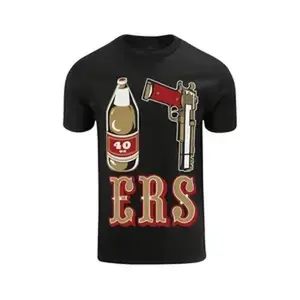 Men's Casual 25  T-Shirt - ERS San Francisco Football Graphic, High Stretch Fabric, Regular Fit, Short Sleeve Crew Neck - Black with Beer & Pistol Design for All-Season Wear, Comfortable Pullover  Bold Print Top  High Stretch Material,