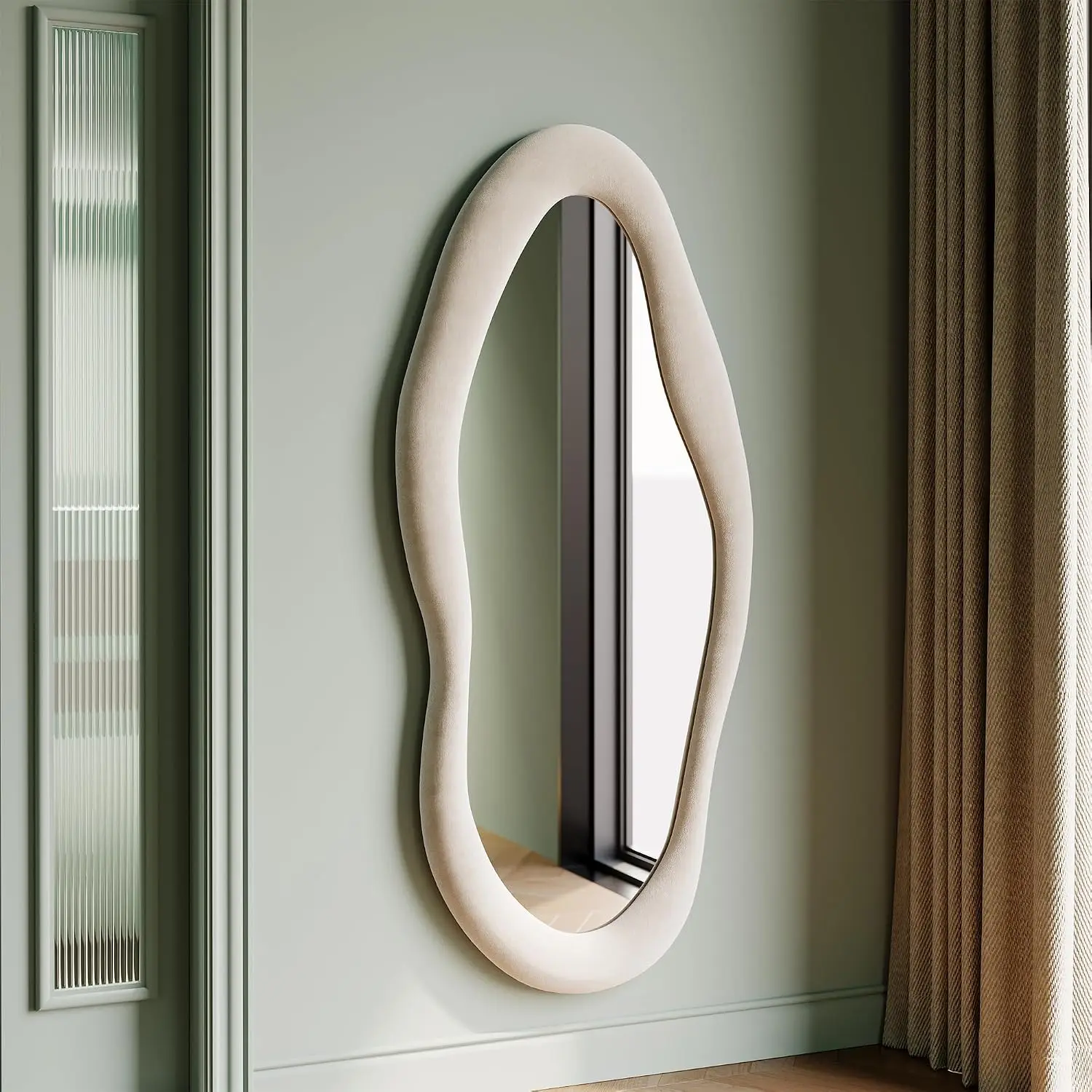 55" x 24" Wall Mirror, Flannel Wrapped Wooden Frame Wavy Mirror, Irregular Mirror  for Cloakroom/Bedroom/Living Room,  White