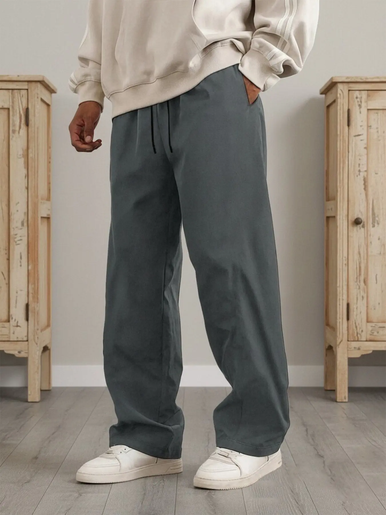 Men's Casual Straight Leg Pants, High Street Loose Drawstring Workwear, Versatile Lazy Feel Daily Commute Wide Leg Long Pants, All Seasons